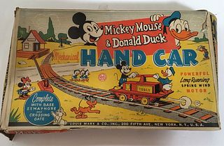 DISNEY MICKEY MOUSE/DONALD DUCK HANDCAR" SET ORIGINAL BOX 1955