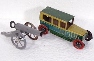 FiSCHER Tin Litho Penny Toy SALOON SEDAN CAR  and Tin Cannon