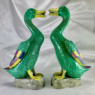  Chinese EXPORT  pair of Famille Verte Geese Duck Biscuit figurines
