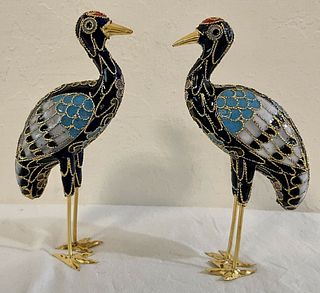chinese export CloisonnÃ© Enamel Cranes Bird Figurines  Tall pair with orig box