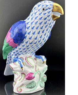 Herend SIGNED Larger 6.9â€ PARROT Bird Blue Fishnet Figurine