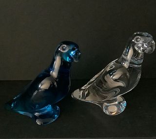 Signed Baccarat Crystal Parrots clear and cobalt blue  Figurines Made in France