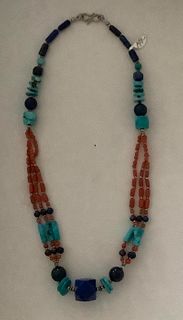 Lapiz Lazuli with Coral and turquoise  natural bead necklace