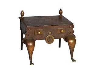 English Brass and Iron Kettle Stand, 18th/19th c., the stepped rectangular top with two turned finials, over a scalloped skirt, on large cabriole legs
