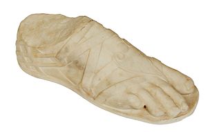 Poured Marble Roman Foot, 20th c., with a sandal, H.- 4 1/2 in., W.- 12 in., D.- 4 1/4 in.