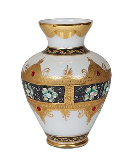 Large Moser Style Baluster Milk Glass Vase, 20th c., with gilt hand painted and applied rhinestone decoration, of tapered form with an everted neck, H