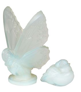 Two Pieces of French Sabino Glass, 20th c., consisting of a butterfly; and a seated bird, all two with engraved signatures on the underside, all in or