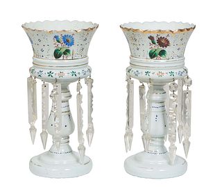 Pair of English Milk Glass Lusters, 19th c., with enameled gilt and floral decoration, the scalloped everted rim hung with long spear prisms, H.- 14 i
