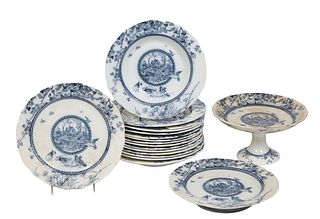 Group of Eighteen Pieces of English Blue and White Ironstone China, 19th c., by Brownfield & Sons, in the "Woodland" pattern, with a Victorian registr