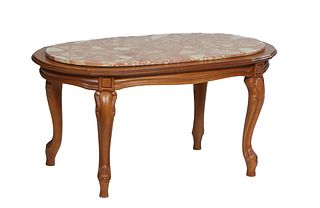 French Louis XV Style Carved Cherry Marble Top Coffee Table, 20th c., the stepped oval top with a Breche d'Alps oval tan marble, over a wide skirt, on