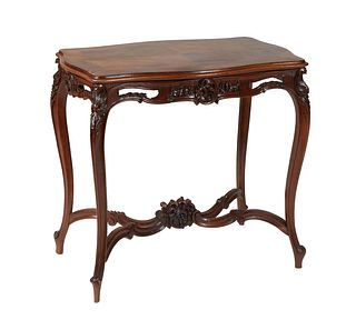 French Banded Walnut Louis XV Style Side Table, early 20th c., the ogee edge tortoise top over a pierced carved skirt, on cabriole legs joined by an a