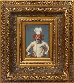 American School, "Dog Chef," 20th c., oil on panel, unsigned, presented in a gilt frame, H.- 6 7/8 in., W.- 4 7/8 in., Framed H.- 16 3/4 in., W.- 14 3