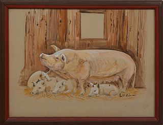 Luz, "Piglets with Mother," c. 1923, watercolor/gouache on paper, signed lower right, inscribed illegibly en verso, presented in red painted frame, H.