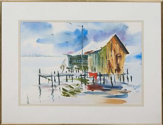 Stanley Rames (Arkansas, 1923-2005), "Trapper's Cabin," 20th c., watercolor on paper, signed lower right, presented in a double mat and gold metal fra