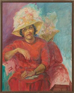 Margaret Henriques Jahncke (Louisiana, 1910-1981), "Portrait of a Seated Woman with Hat," 20th c., oil on canvas, signed in charcoal en verso, present