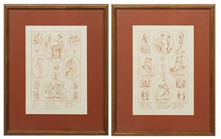 Gio Brun (Italy), Pair of Sanguine Mythological Engravings, signed in plate lower right, both presented in matching burnt orange mat and gilt frame, H