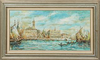 Xavier Raous (Australian), "Venetian Canal Scene," 20th c., oil on canvas, signed lower right, presented in linen lined silvered frame, H.- 14 3/8 in.