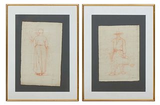 Julien Dupre (France, 1851-1910), "Paysan et Paysanne," 19th c., pair of sanguine studies on paper, each signed lower right, with artist information i
