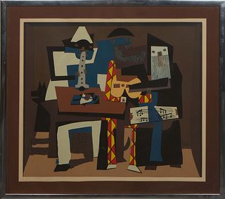 After Pablo Picasso (Spain, 1881-1973), "Three Musicians," c. 1990, serigraph, signed in print, presented in a brown mat and chrome frame, H.- 21 in.,