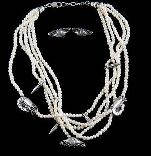 Two Pieces of Mignon Faget Silver Jewelry, consisting of a pair of crab earrings and a crawfish, crab and okra seed pearl five strand necklace, L.- 17