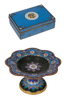 Two Cloisonne Pieces, 20th c., one a Japanese covered dresser box, the lid inlaid with "MPEA," the interior stamped S. Inaba, Kyoto, H.- 1 7/8 in., W.