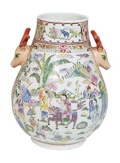 Unusual Chinese Famille Verte Baluster Vase, 20th c., with relief deer handles over figural, floral and bird reserves, H.- 11 3/8 in., Dia.- 8 1/2 in.