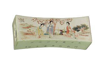 Chinese Porcelain Pillow, 20th c., the green glaze with figural and landscape decoration, with calligraphic inscriptions on two green sides, H.- 3 in.