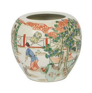 Large Chinese Porcelain Jar, 20th c., with figural and landscape decoration, the underside with a six character blue underglaze mark, H.- 9 1/4 in., D