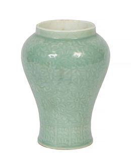 Chinese Celadon Relief Baluster Vase, 20th c., with floral decoration, H.- 9 5/8 in., Dia.- 7 in.