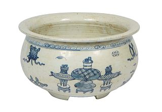 Chinese Blue and White Earthenware Bowl, 20th c., with exterior decoration, on three block feet, H.- 6 in., Dia.- 10 1/4 in.