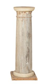Carved Cypress Column Pedestal, early 20th c., the reeded edge circular top on a cylindrical support on a socle stepped square base, H.- 43 3/4 in., W