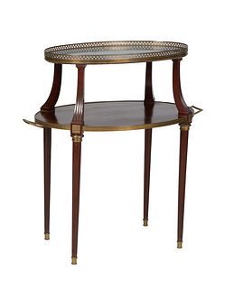 French Louis XVI Style Brass Inlaid Walnut Marble Top Breakfast Table, early 20th c., the brass galleried figured gray marble, on turned tapered suppo