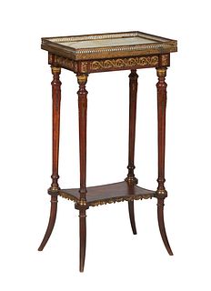 French Louis XVI Style Ormolu Mounted Walnut Marble Top Side Table, 20th c., the brass galleried figured white marble, over an ormolu mounted skirt, o