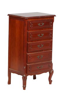 French Louis XV Style Carved Cherry Chiffonier, 20th c., the ogee edge parquetry inlaid top over a bank of five drawers, on a plinth base on cabriole 