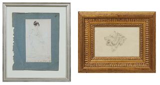 Two Continental Drawings, one of "Mrs. Sloper, Wife of Reverend Sloper," c. 1800, watercolor on paper, titled and dated lower center, presented in a s