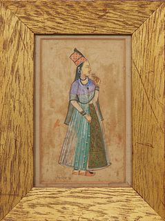 Indian School, "Portrait of a Woman," 19th/20th c., gouache on paper, with a Hindi inscription on bottom left, presented in a gilt frame, H.- 5 7/8 in