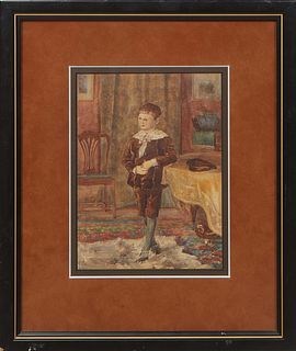 Aleonard Roberts, "Portrait of a Young Boy," 19th/20th c., watercolor on paper, signed lower right behind mat, presented in a faux suede mat and black