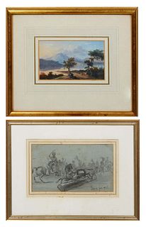 Two Continental School Works on Paper, consisting of: "Grand Tour Landscape," 19th c., oil on paper, unsigned, presented in a white and blue mat and g