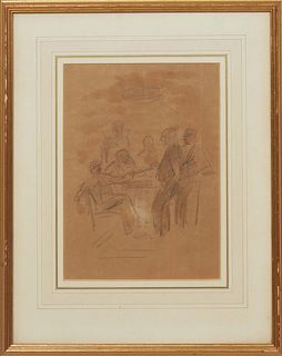 Continental School, "Sketch of Men at a Bar," 19th c., charcoal on paper, possibly by Jean Albert Marchand (French, 1828-1866), with a faded artist na