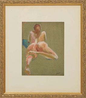 J. Thigpen (American School), "Study of a Lounging Nude Woman," 20th c., oil on canvas, signed lower right, presented in a cream mat and gilt frame, H