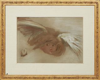 Rhoda Holmes Nichols (1854-1938, American), "Cherub," watercolor on paper, signed lower right, presented in a gilt frame, H.- 12 1/4 in., W.- 17 in., 