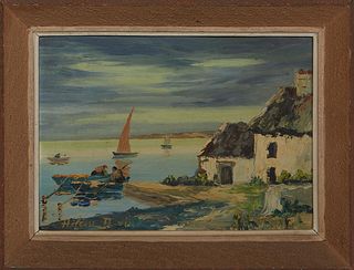 Helene de Vin (French), "Chaumiere Bretonnes (Environs de Concernau Finistere)," 20th c., oil on artist paper board, signed lower left, with informati