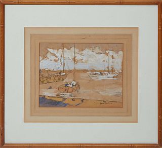James Moore Preston (Pennsylvania, 1873-1962), "Harbor Scene," gouache and charcoal on paper, signed lower right, double matted and presented in a fau
