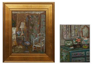 Jan Keels (New Orleans), "Vignette with Cake," and "Vignette with Chair," two oils on canvas, each signed lower right and respectively, both with arti