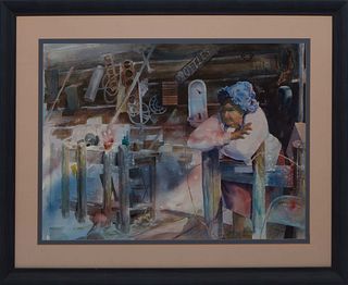 Stanley Rames (Arkansas, 1923-2005), "Old Lady at the Antique Market," 20th c., watercolor on paper, signed lower right, presented in a double mat and