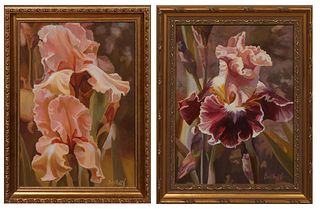 Alla Baltas (Louisiana/Ukraine, 1973-), "Pair of Irises," 20th c., oils on canvas, both signed lower right, both presented in matching gilt frames, H.