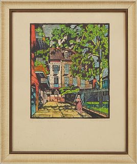 Clarence Millet (Louisiana, 1897-1959), "Pirate's Alley," 20th c., hand-colored woodcut, initialed "C.M." in plate lower left, pencil titled lower lef