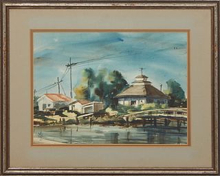 Margaret Henriques Jahncke (New Orleans/Newcomb, 1910-1981), "Louisiana Bayou View," 20th c., watercolor on paper, signed lower left, presented in a g