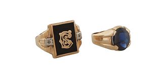Two Rings, consisting of a man's 10K Yellow Gold Signet ring with a "C" monogram on a black onyx top, size 9 3/4; together with a 14K cabochon blue sa
