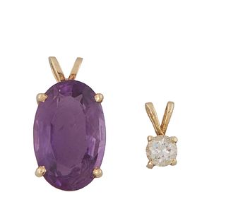 Two 14K Yellow Gold Pendants, one with a 33 point round diamond, and one with an app. 6.5 ct. oval amethyst, Amethyst- H.- 5/8 in., W.- 3/8 in. (2 Pcs